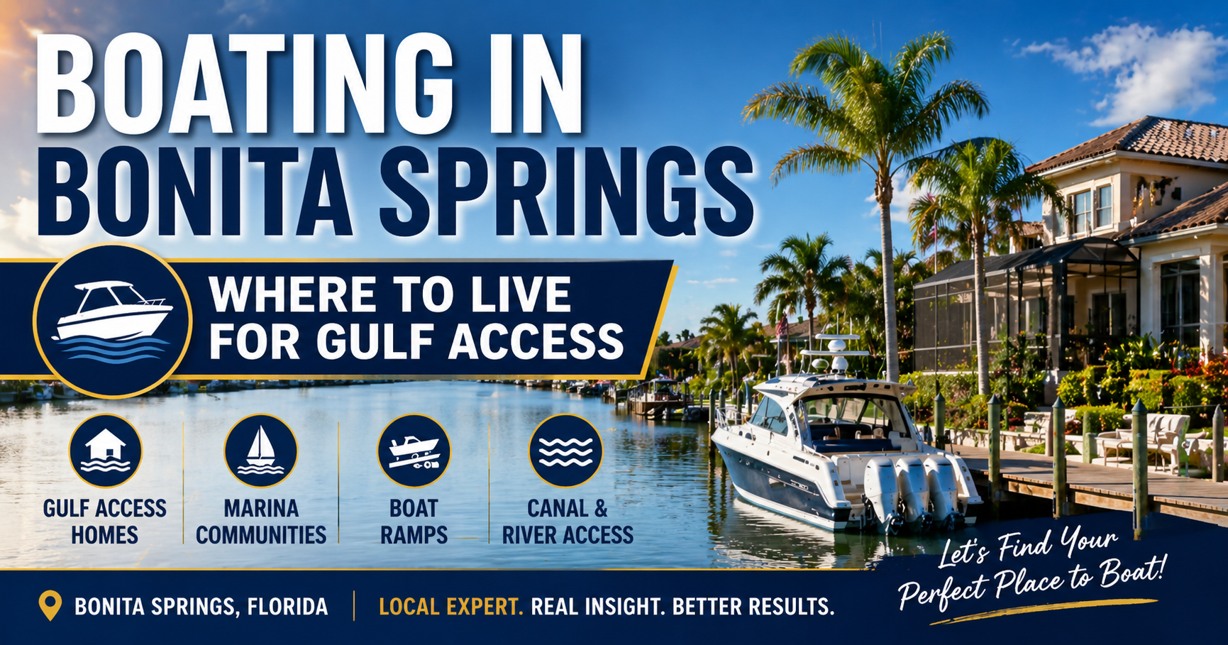 Boating in Bonita Springs with canal homes and Gulf access waterfront properties