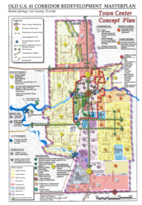 Old U.S. 41 Corridor Redevelopment Masterplan map showing the Downtown Bonita Springs revitalization vision, walkable town center, mixed-use development, Imperial River access, and Old 41 redevelopment corridor