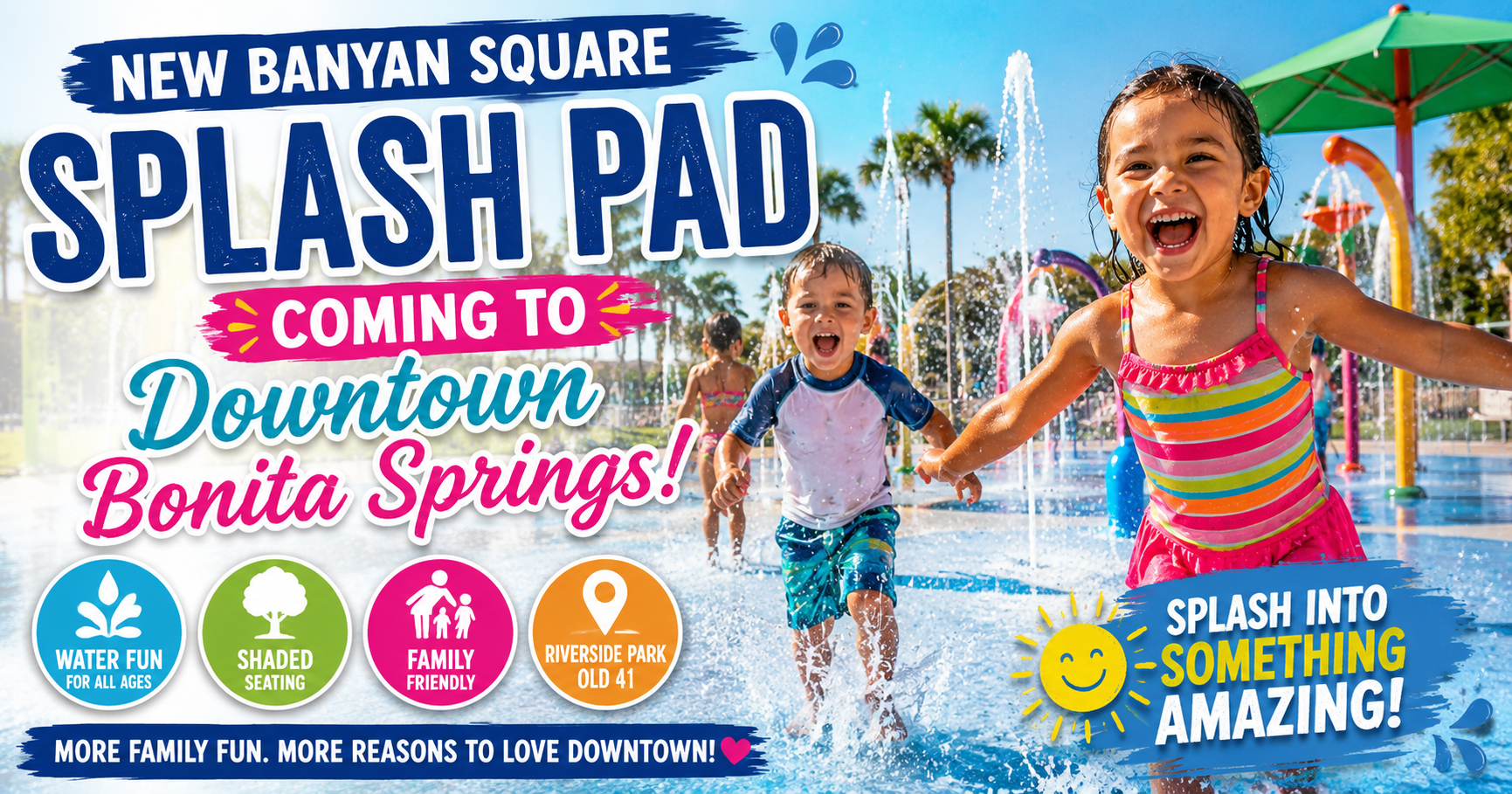 Children playing at the new Banyan Square Splash Pad in Downtown Bonita Springs near Riverside Park and Old 41