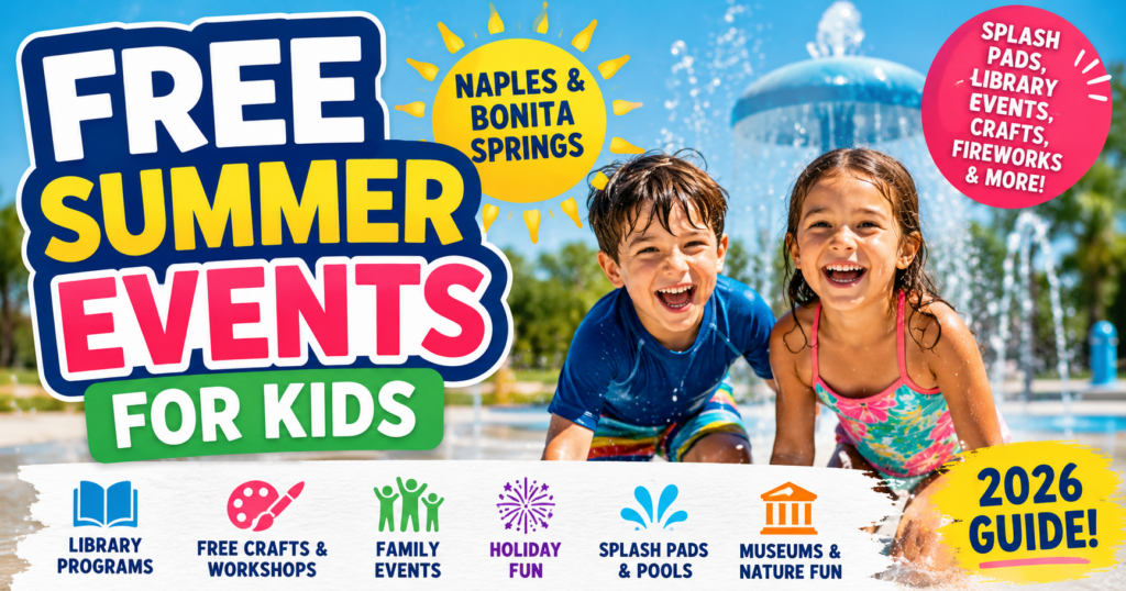 Children playing at a splash pad during free summer events for kids in Naples and Bonita Springs Florida