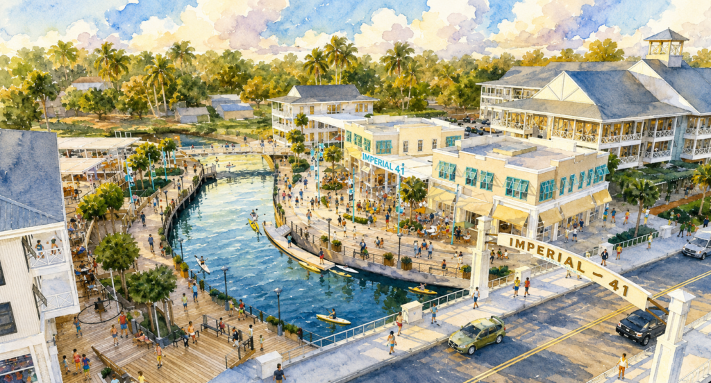 rendering of Imperial 41 riverfront redevelopment project in Downtown Bonita Springs featuring walkable public spaces, restaurants, and Imperial River access