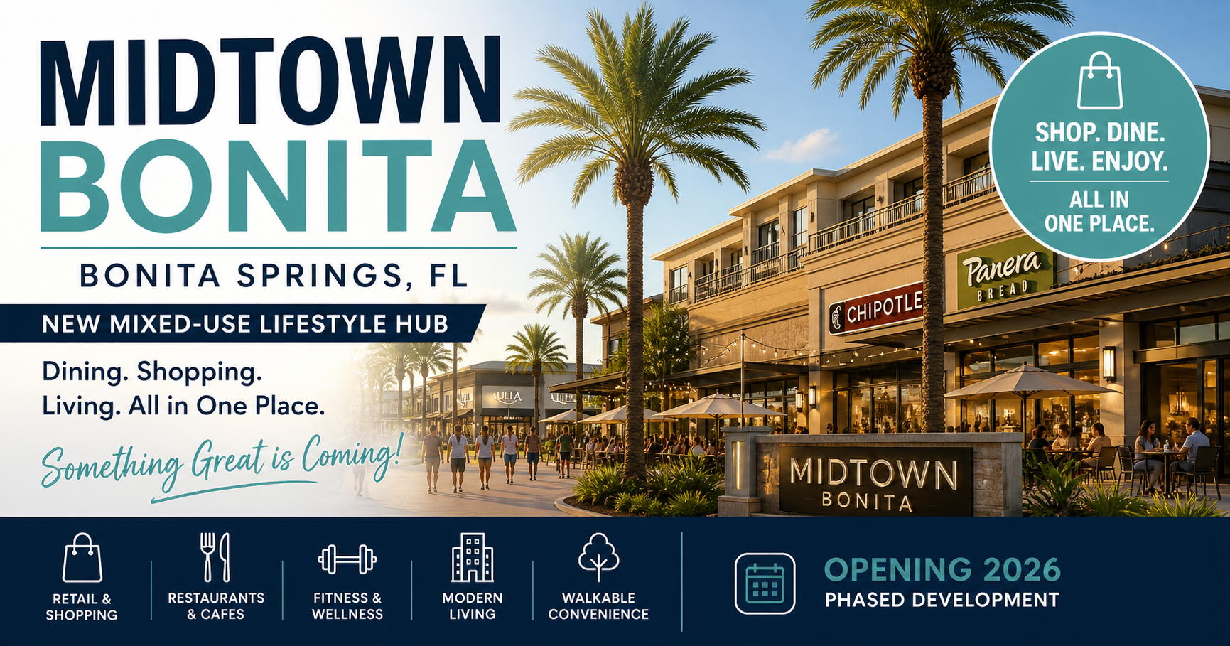 Midtown Bonita mixed use development in Bonita Springs Florida with restaurants shops and walkable lifestyle hub