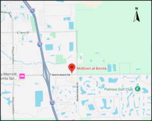 Midtown Bonita location map showing Bonita Beach Road and I-75 in Bonita Springs Florida