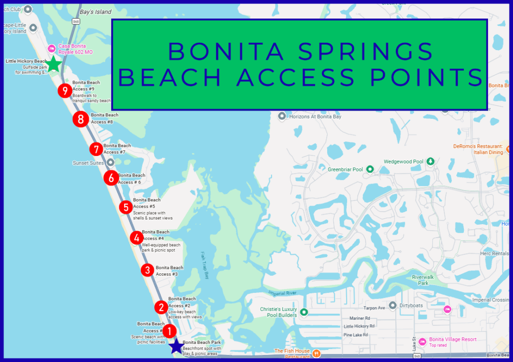 Map showing Bonita Springs Beach Access Points #1 through #9, Little Hickory Island Beach Park, and Bonita Beach Park in Bonita Springs, Florida.