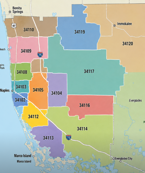 map of collier county zip codes naples, florida